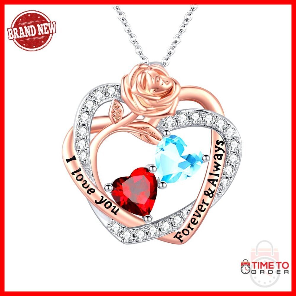 14K Gold Filled Double Heart Birthstone Pendant Necklace 18" Chain